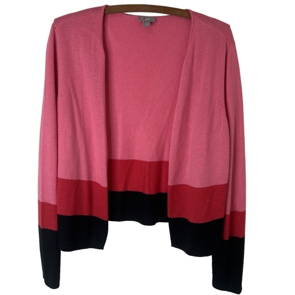J. JILL Pink Red Black Colorblock Wool Blend Lightweight Cardigan Size Medium